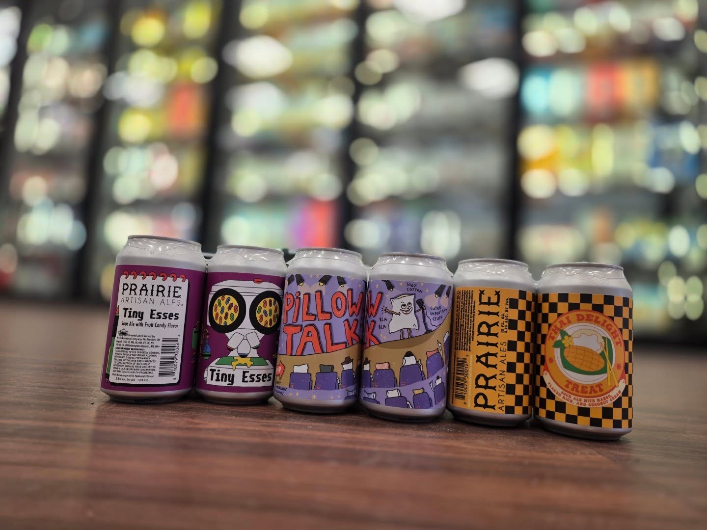 Some fun @prairieales 4 packs just arrived! 

Pillow talk stout with dry roasted peanuts and marshmallow

Thai delight sour with mango, flaked rice amd coconut cream

Tiny Esses sour with skittles 

All in store Redstone Liquors App and website