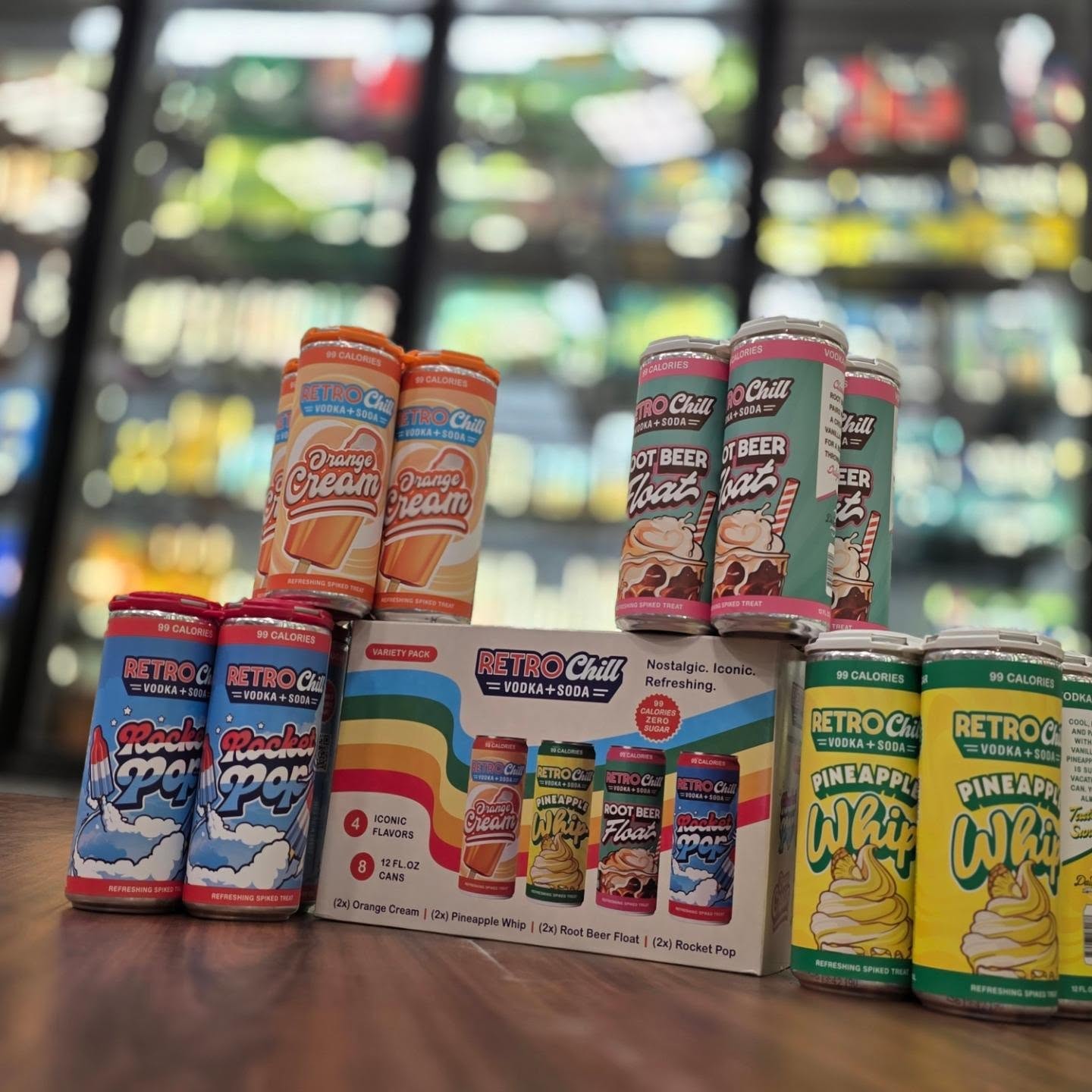 Low key excited to try these new @retrochillvodkasoda 🍍 whip, 🚀 pop, 🍊 Creamsicle,  rootbeer float and a variety pack with all of em! Not sure what sorcery they are doing but only 99cal amd no sugar! 🤯 In store Redstone Liquors App and website